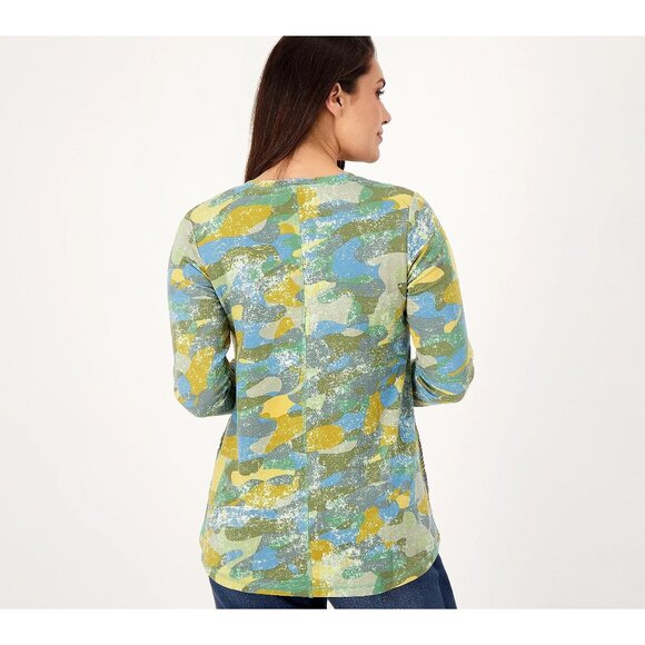 LOGO Lounge by Lori Goldstein Camo Print Split Neck Top Size Large Green Blue - Picture 2 of 10
